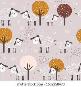 Seamless pattern, sheeps and trees, hand drawn overlapping backdrop. Colorful background vector. Illustration with animals. Decorative colored wallpaper, good for printing