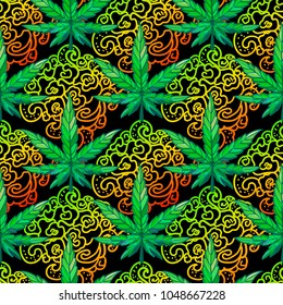 Seamless pattern sheet of cannabis. Concept design texture for a coffeeshop in Amsterdam. Vector isolated on black background.