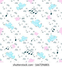 Patrón sin problemas con partitura, mariposas rosas y pájaros azules sobre fondo blanco. Ilustración dibujada a mano por vectores.