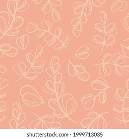 Seamless pattern with sheets, vector illustration. Branches with rounded leaves, continuous background. Botanical natural pattern for design and packaging, wallpaper.