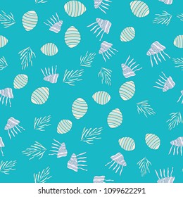 Seamless pattern with  shell, coral, jellyfish. Underwater world vector illustration for design textile, wrapping paper, wallpper