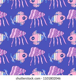 Seamless pattern with  shell, coral, jellyfish, fish. Underwater world vector illustration for design textile, wrapping paper, wallpper