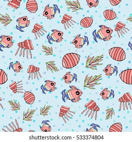 Seamless pattern with  shell, coral, jellyfish, bubble. Underwater world vector illustration for design