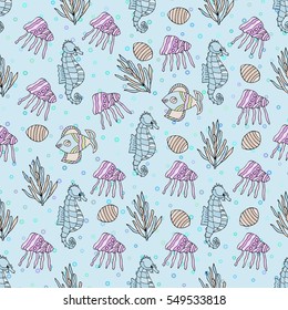 Seamless pattern with  shell, coral, jellyfish, sea horse, bubble. Underwater world vector illustration for design