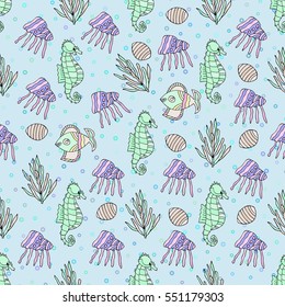 Seamless pattern with  shell, coral, jellyfish, bubble, sea horse. Underwater world vector illustration for design.