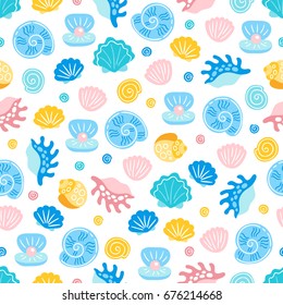 Seamless pattern with shell and pearl on white background