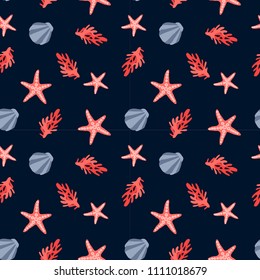 Seamless pattern with shell, sea star and other.
