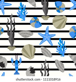 Seamless pattern with shell, sea star and other. 