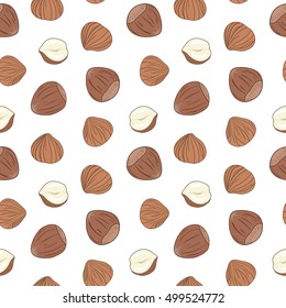 Seamless pattern with shelled and whole hazelnuts on white background. Hand drawn vector seamless pattern, eps10. For backgrounds, packaging, ads, interiors, labels and other designs.
