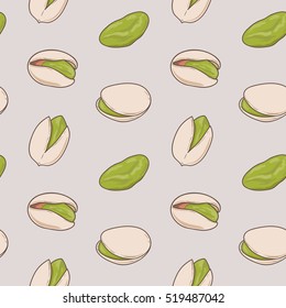 Seamless pattern with shelled and whole pistachio nuts. Hand drawn pistachio vector seamless pattern, eps10. For backgrounds, packaging, ads, interiors, labels and other designs.