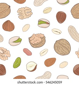 Seamless pattern with shelled and whole walnuts, peanuts, almonds, pistachios, hazelnuts. Hand drawn nuts vector seamless pattern, eps10. For backgrounds, packaging, ads, labels and other designs.
