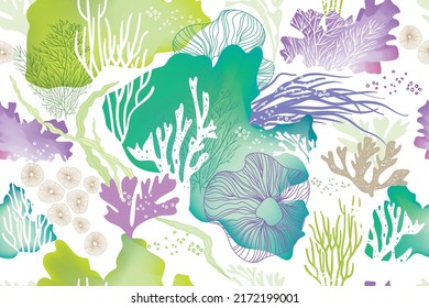 Сontemporary seamless pattern with shells, algae and corals. Hand-drawn vector illustration for printing, fabric, textile, manufacturing, wallpapers. Sea bottom