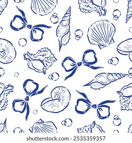 Seamless pattern shells and bows. isolated on transparent background.