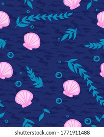 Seamless pattern with shells, bubbles and algae. Vector graphics.