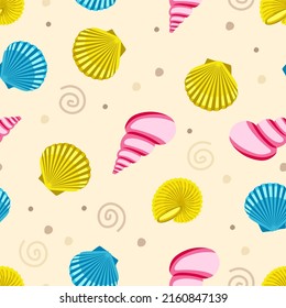 Seamless pattern with shells and clams on a beige background for printing on fabric paper design of products and packages