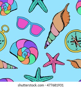 Seamless pattern with shells, compass, sunglasses