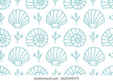 Seamless pattern with shells and coral outlines in turquoise on a transparent background. Perfect for marine and summer-themed designs.
