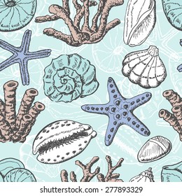 Seamless pattern with shells, coral and starfish. Vector illustration for your design