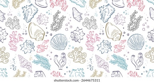Padrão contínuo com conchas, corais, algas. Esboço, contorno colorido em um fundo branco. Ideal para capas, fundos, embalagens, têxteis.