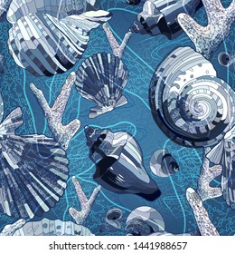 Seamless pattern with   shells and corals   background. Abstract underwater background in blue colors. Idea for design with marine motifs