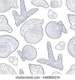 Seamless pattern with  shells and corals on  white background. Abstract underwater background. White and blue monochrome texture. Idea for design with marine motifs