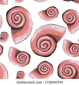 Seamless pattern of shells of different colors bright red blue yellow