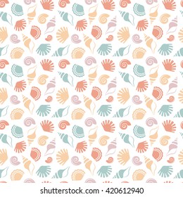 Seamless pattern with shells of different colors isolated on white background. Sea and beach themes. Vector illustration.