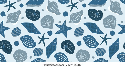 Seamless pattern with shells of different shapes, starfish, pearls. Marine abstract print. Vector graphics.