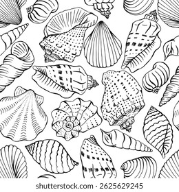 Seamless pattern with shells of different shapes. Hand drawn vector illustration.