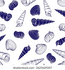 Seamless pattern with shells of different shapes. Hand drawn vector illustration.