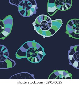 Seamless pattern of shells, doodles, spots. Hand drawn.