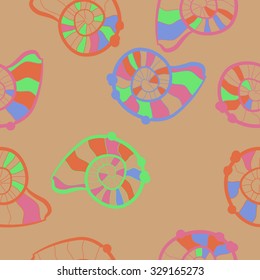 Seamless pattern of shells, doodles, spots. Hand drawn.