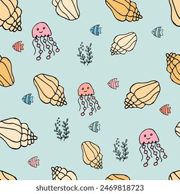 seamless pattern with shells, fish, jellyfish on a light background, vector.	