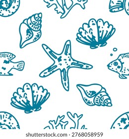 Seamless pattern with shells, fishes and molusks. Bright vector decoration. Paper, textle, etc.