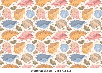 The seamless pattern of shells with a line and a spot. Simple hand drown picture. Orange, pink, blue colours. Vector illustration.