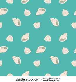 Seamless pattern of shells on blue background. Ocean vector illustration