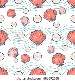 Seamless pattern with shells and pearls on seaweed background