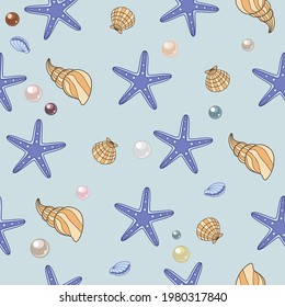Seamless pattern with shells, pearls and sea ​​stars. isolated vector illustration