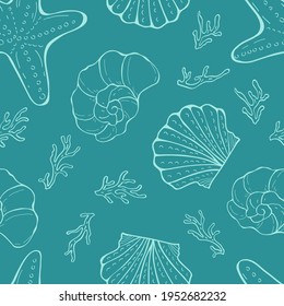Seamless pattern with shells. Pattern for printing on fabric, paper, wallpaper. Can be used for clothes collection, branding, packaging, interior decoration, scrapbooking
