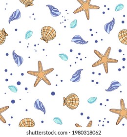 Seamless pattern with shells and sea ​​stars. isolated vector illustration