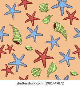 Seamless pattern with shells and sea ​​stars. isolated vector illustration