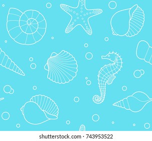 Seamless pattern with shells, seahorses, starfish and bubbles