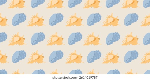 Seamless pattern with shells and seaweed illustration. Marine summer background with shells. Trendy pattern in flat style, design for wrapping paper, wallpaper, stickers, notebook cover.