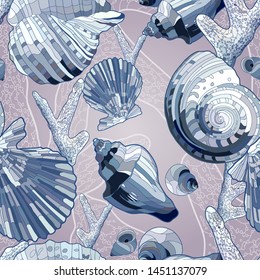 Seamless  pattern with   shells, snails, corals. Abstract underwater  pink color background. Watercolor style navy texture. Marine motifs for fabric textile design.