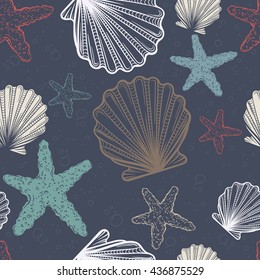 Seamless pattern with shells and starfish.  Seamless pattern can be used for wallpaper, pattern fills, web page background, surface textures.