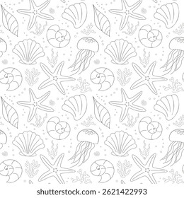 Seamless pattern with shells, starfish, coral and jellyfish. Vector outline elements on white background. Design for textile print, wallpaper, decor, packaging.