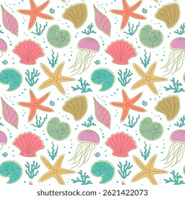 Seamless pattern with shells, starfish, corals and jellyfish. Colorful vector elements on white background. Design for textile print, wallpaper, decoration, packaging.