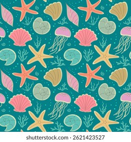 Seamless pattern with shells, starfish, corals and jellyfish. Colorful vector background with a marine theme. Design for textile print, wallpaper, decoration, packaging.