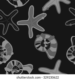 Seamless pattern of shells, starfish, doodles, spots. Hand drawn.