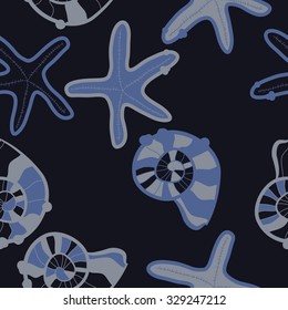 Seamless pattern of shells, starfish, doodles, spots. Hand drawn.